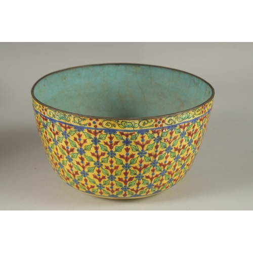 111 - A VERY FINE 19TH CENTURY THAI ENAMELLED COPPER BOWL, 21cm diameter.