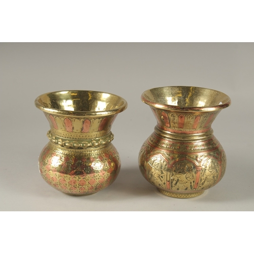 118 - TWO 18TH CENTURY SOUTH INDIAN TANJORE GANGA JUMNA BRASS VASES, one displays the avatars of Vishnu, t... 