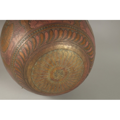 120 - A FINE AND LARGE 19TH CENTURY SOUTH INDIAN TANJORE SILVER AND COPPER INLAID BRASS LOTA, engraved wit... 