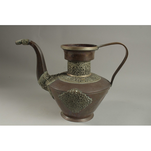 138 - A LARGE 19TH CENTURY TIBETAN WHITE METAL MOUNTED COPPER EWER, 29cm high.