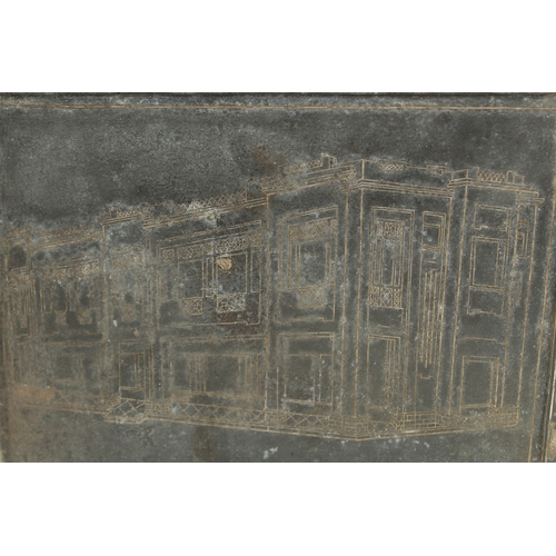 142 - A RARE INDIAN BIDRI SILVER INLAID TRAY, depicting a building, the reverse inscribed 'Lady Tasker in ... 