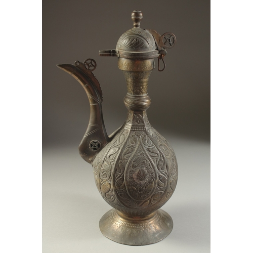 154 - A FINE INDIAN BRASS EWER, with embossed and chased fish decoration, 40cm high.