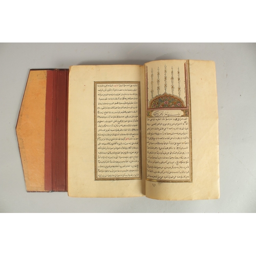 172 - A FINE 19TH CENTURY OTTOMAN LEATHER BOUND MANUSCRIPT, signed Mustafa Rasikh, 23.5cm x 14.5cm.