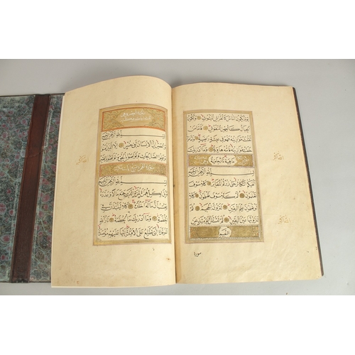 173 - A FINE 17TH CENTURY OTTOMAN LEATHER BOUND QURAN JUZ SECTION, with beautifully gilded illuminated sur... 