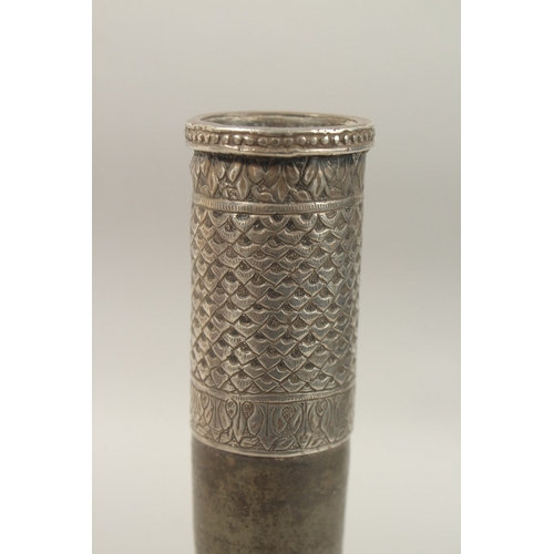 176 - A RARE 18TH CENTURY MUGHAL INDIAN SILVER MOUNTED LEAD SURAHI BOTTLE, 30cm high.