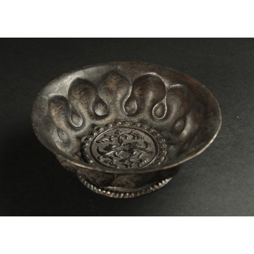 177 - A VERY FINE AND RARE CHINESE POSSIBLY TANG DYNASTY ENGRAVED COPPER FOOTED BOWL, depicting animals an... 