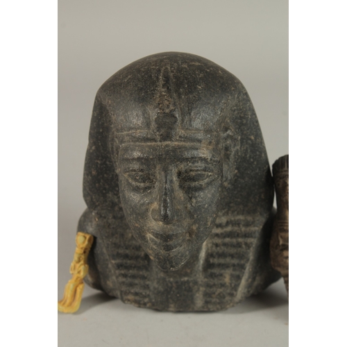 181 - A RARE LARGE POSSIBLY ANCIENT EGYPTIAN CARVED BLACK STONE BUST, 15cm high, along with two other pott... 