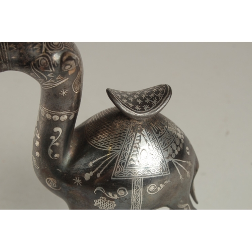 183 - A FINE PERSIAN SILVER INLAID STEEL CAMEL, 19.5cm high.