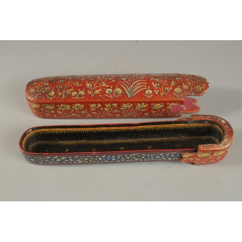 185 - TWO LARGE 19TH CENTURY INDIAN KASHMIR LACQUERED PEN BOXES, largest 31cm long, (2).