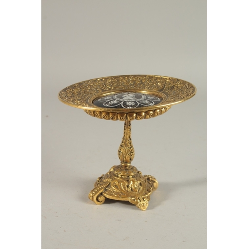 186 - A RARE 19TH CENTURY FRENCH GILT BRONZE TAZZA, with a central enamel plaque with a portrait of an Ott... 