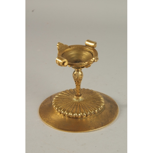 186 - A RARE 19TH CENTURY FRENCH GILT BRONZE TAZZA, with a central enamel plaque with a portrait of an Ott... 