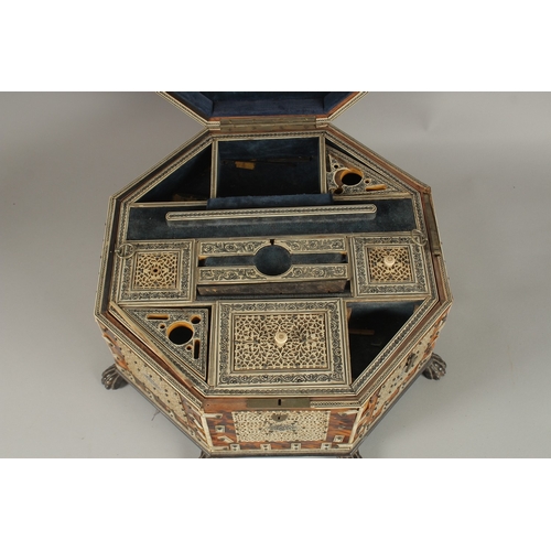 202 - A 19TH CENTURY ANGLO INDIAN TORTOISESHELL, BONE AND PENWORK OCTAGONAL SEWING BOX, 33cm at widest poi... 