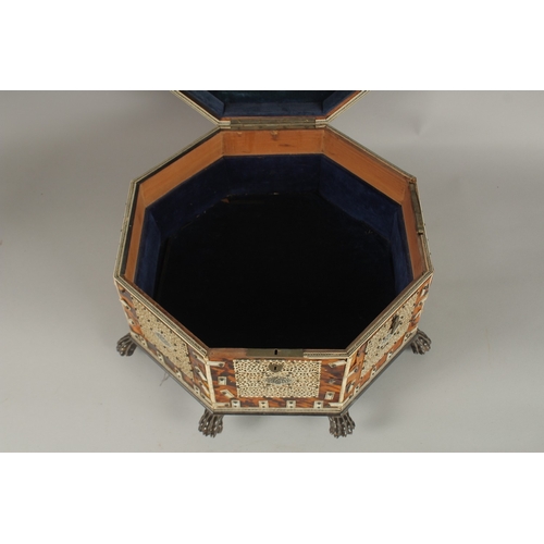 202 - A 19TH CENTURY ANGLO INDIAN TORTOISESHELL, BONE AND PENWORK OCTAGONAL SEWING BOX, 33cm at widest poi... 