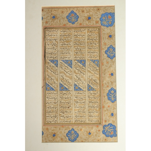 206 - A 17TH CENTURY SAFAVID IRAN GOLD CALLIGRAPHIC PANEL FROM THE BOOK OF SHAHNAMA, with blue illuminatio... 