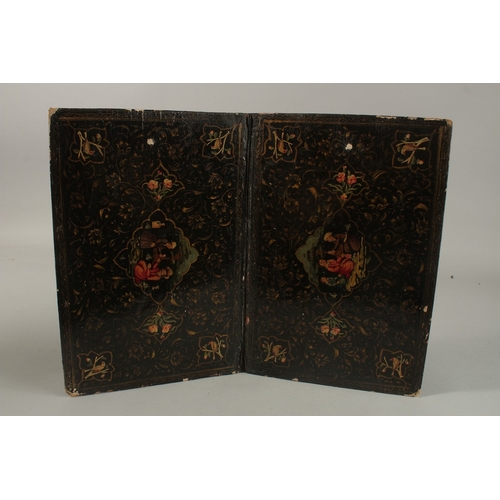 218 - A LARGE 19TH CENTURY PERSIAN QAJAR LACQUERED BOOK COVER, 33cm x 22cm.