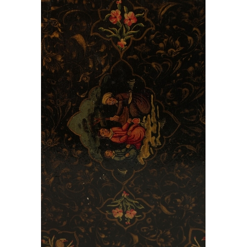 218 - A LARGE 19TH CENTURY PERSIAN QAJAR LACQUERED BOOK COVER, 33cm x 22cm.