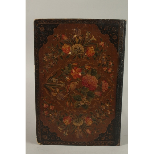 218 - A LARGE 19TH CENTURY PERSIAN QAJAR LACQUERED BOOK COVER, 33cm x 22cm.