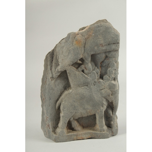 222 - A RARE GANDHARA CARVED GREY SCHIST TILE FRAGMENT, depicting an elephant and rider, 19.5cm x 13cm.