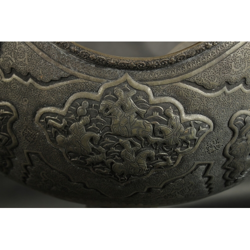 224 - A VERY LARGE AND FINE EARLY 20TH CENTURY PERSIAN QAJAR TINNED COPPER FOOTED CENTREPIECE BOWL, very f... 