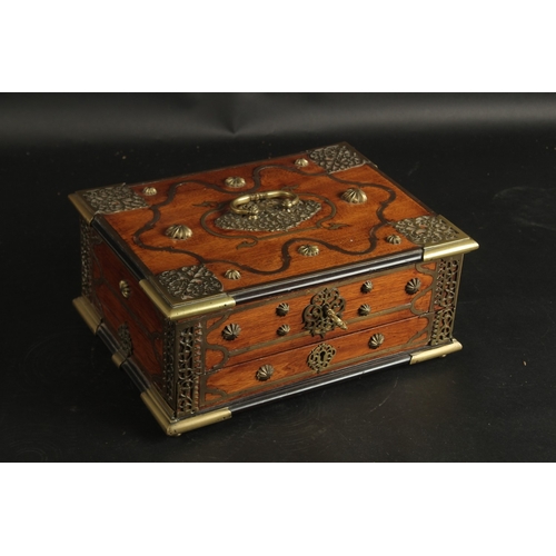 225 - A VERY FINE 18TH-19TH CENTURY DUTCH COLONIAL BATAVIAN BRASS MOUNTED CASKET, with drawer to the front... 