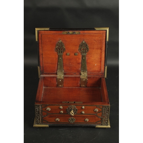 225 - A VERY FINE 18TH-19TH CENTURY DUTCH COLONIAL BATAVIAN BRASS MOUNTED CASKET, with drawer to the front... 