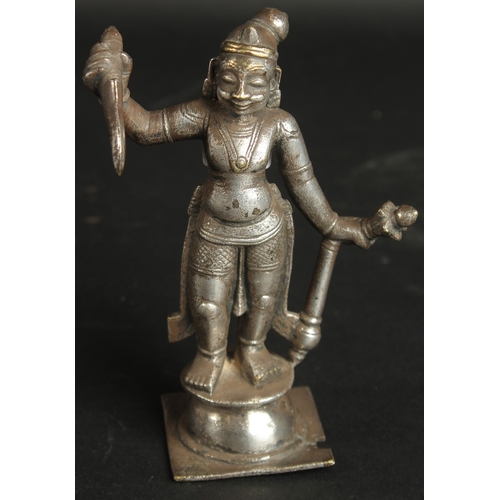 230 - A FINE 18TH CENTURY SOUTH INDIAN SILVERED BRONZE FIGURE OF A MALE DEITY, 14cm high.