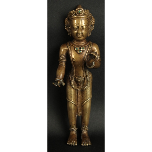 231 - A VERY FINE LARGE 17TH-18TH CENTURY TIBETAN BRONZE FIGURE OF A MALE DEITY, inlaid with turquoise sto... 