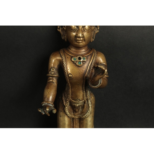 231 - A VERY FINE LARGE 17TH-18TH CENTURY TIBETAN BRONZE FIGURE OF A MALE DEITY, inlaid with turquoise sto... 