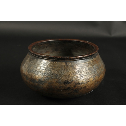 232 - A RARE 14TH-15TH CENTURY ISLAMIC ENGRAVED TINNED COPPER BOWL, with calligraphy and Arabesque decorat... 