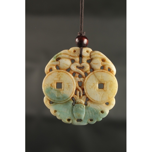 236 - A FINELY CARVED 19TH-EARLY 20TH CENTURY CHINESE CARVED JADE PENDANT, with bats and two inscribed coi... 