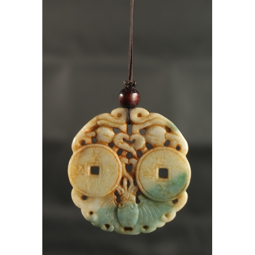 236 - A FINELY CARVED 19TH-EARLY 20TH CENTURY CHINESE CARVED JADE PENDANT, with bats and two inscribed coi... 