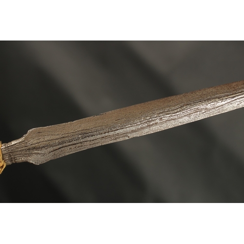 238 - A FINE 18TH-19TH CENTURY THAI OR MALAY SPEAR, with a fine white metal mounted watered steel blade, 2... 