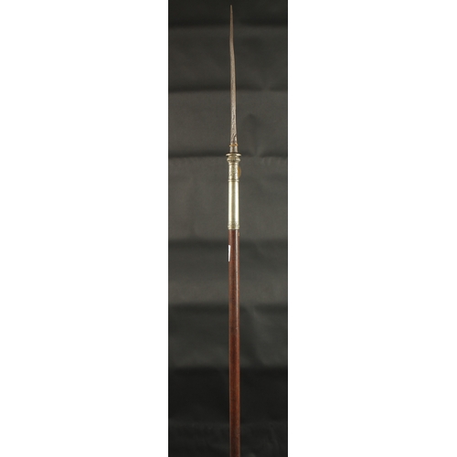 238 - A FINE 18TH-19TH CENTURY THAI OR MALAY SPEAR, with a fine white metal mounted watered steel blade, 2... 