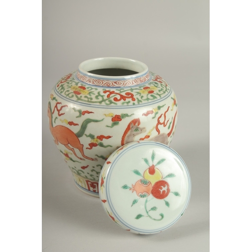 24 - A CHINESE DOUCAI PORCELAIN JAR AND COVER, painted with horses, 16cm high.