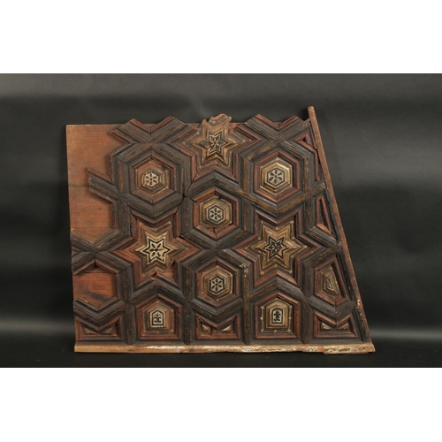 248 - A RARE 14TH-15TH CENTURY ANDALUSIAN ISLAMIC SPANISH WOODEN PANEL, with geometric designs, 70cm at wi... 