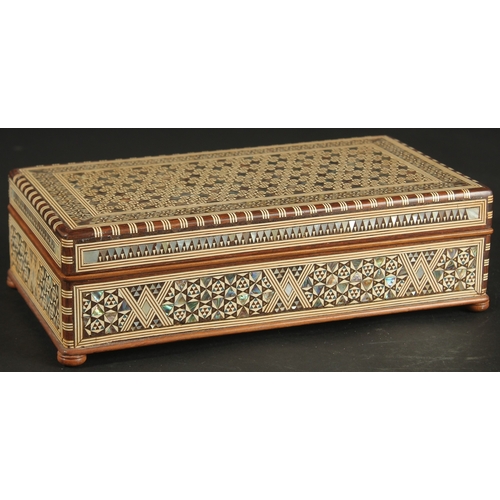 250 - A FINE MID 20TH CENTURY SYRIAN BONE AND MOTHER PEARL INLAID BOX, 27cm x 14cm.