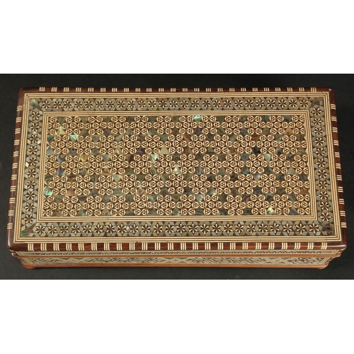 250 - A FINE MID 20TH CENTURY SYRIAN BONE AND MOTHER PEARL INLAID BOX, 27cm x 14cm.