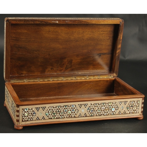 250 - A FINE MID 20TH CENTURY SYRIAN BONE AND MOTHER PEARL INLAID BOX, 27cm x 14cm.