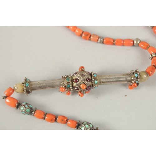 260 - A VERY FINE BUKHARA CORAL BEADED SILVER NECKLACE WITH AGATE PENDANT, adorned with turquoise beads, p... 