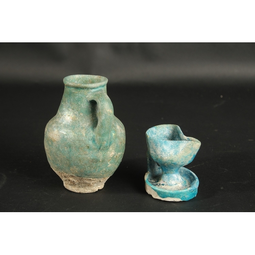 261 - A 12TH CENTURY PERSIAN KASHAN TURQUOISE GLAZED POTTERY JUG AND OIL LAMP, provenance: formerly proper... 