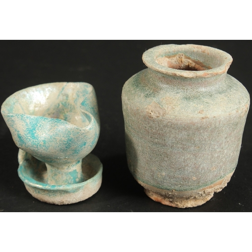 262 - A 12TH CENTURY PERSIAN KASHAN TURQUOISE GLAZED POTTERY VESSEL AND OIL LAMP, provenance: formerly pro... 