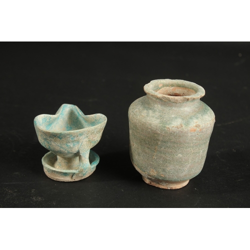 262 - A 12TH CENTURY PERSIAN KASHAN TURQUOISE GLAZED POTTERY VESSEL AND OIL LAMP, provenance: formerly pro... 