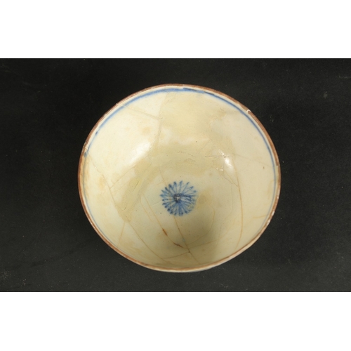 263 - AN EARLY PERSIAN BLUE AND WHITE GLAZED POTTERY BOWL, painted with floral motifs, provenance: formerl... 