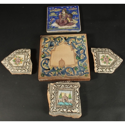 264 - A PERSIAN QAJAR GLAZED POTTERY TILE AND CORNER TILE (in three pieces), together with another glazed ... 