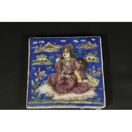 264 - A PERSIAN QAJAR GLAZED POTTERY TILE AND CORNER TILE (in three pieces), together with another glazed ... 