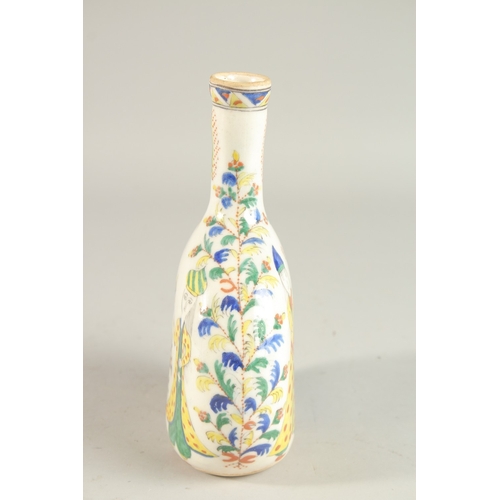 332 - A TURKISH KUTAHYA GLAZED POTTERY BOTTLE, painted with figures, 22cm high.