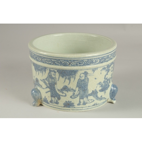 34 - A CHINESE BLUE AND WHITE PORCELAIN JARDINIERE, decorated with figures, 18.5cm diameter.