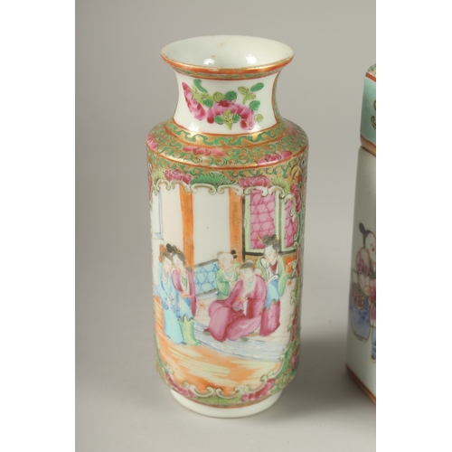 4 - A CHINESE CANTON PORCELAIN VASE AND HEXAGONAL PORCELAIN TEA CADDY, (2).