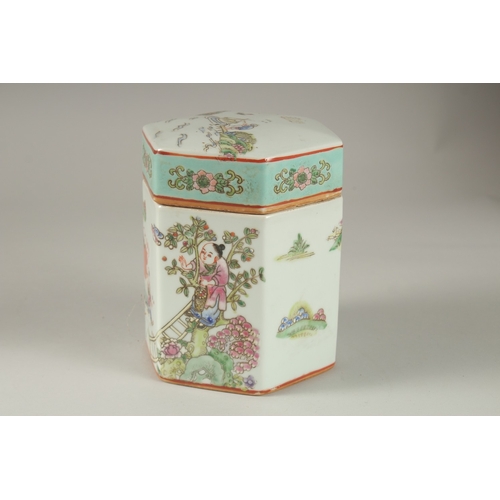 4 - A CHINESE CANTON PORCELAIN VASE AND HEXAGONAL PORCELAIN TEA CADDY, (2).