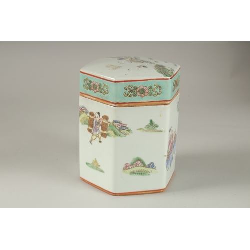 4 - A CHINESE CANTON PORCELAIN VASE AND HEXAGONAL PORCELAIN TEA CADDY, (2).